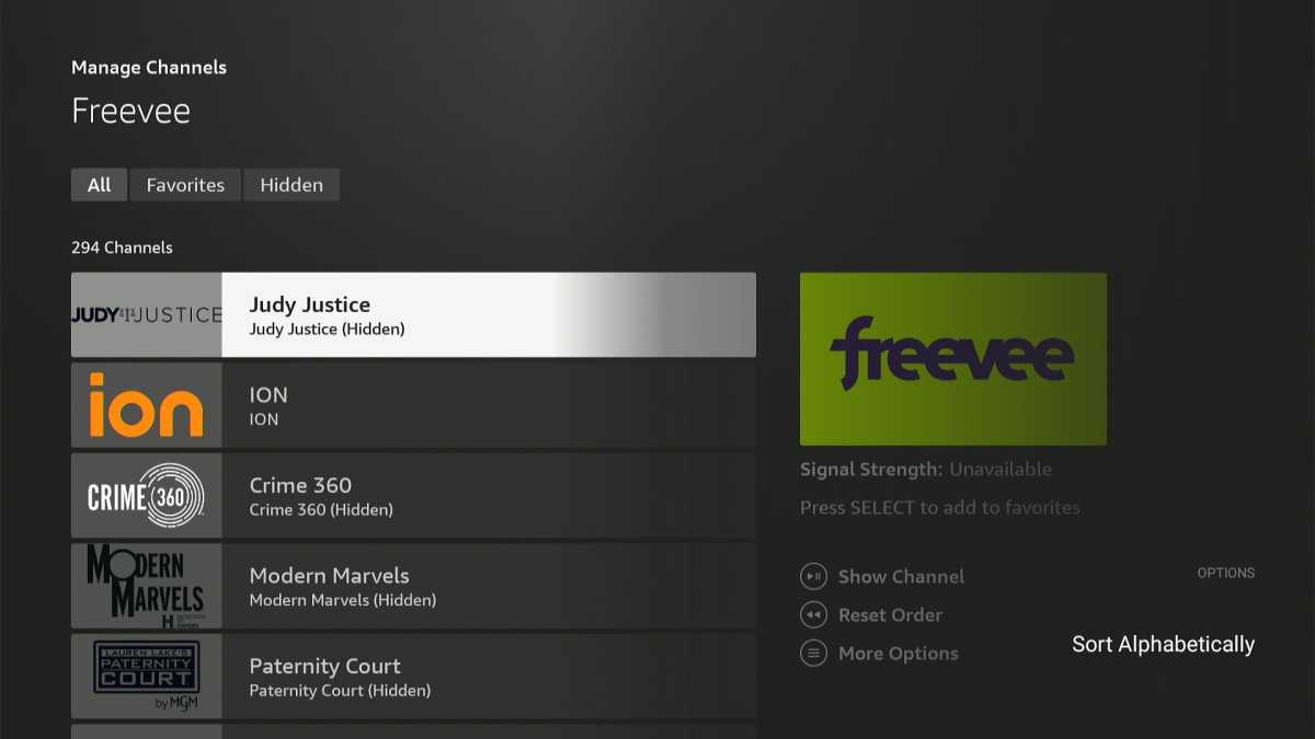 Fire TV guide: "Sort alphabetically" option