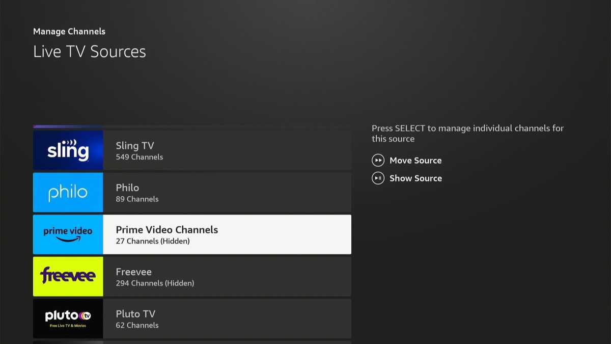 Fire TV guide: Manage sources menu