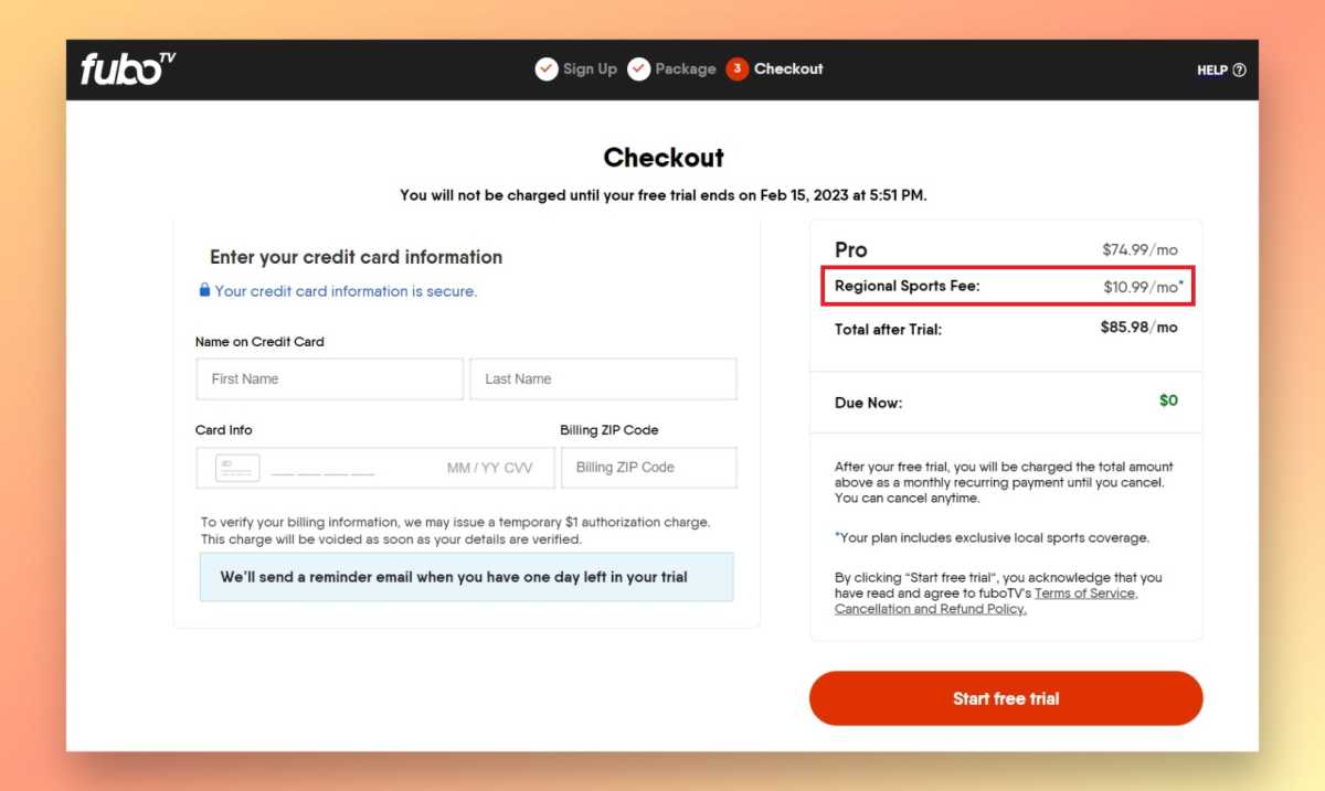FuboTV checkout page with Regional Sports Fee