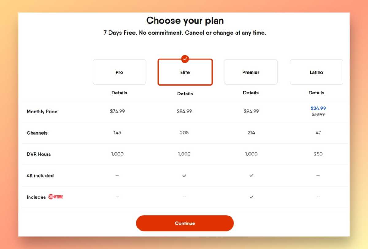 FuboTV plan selection page