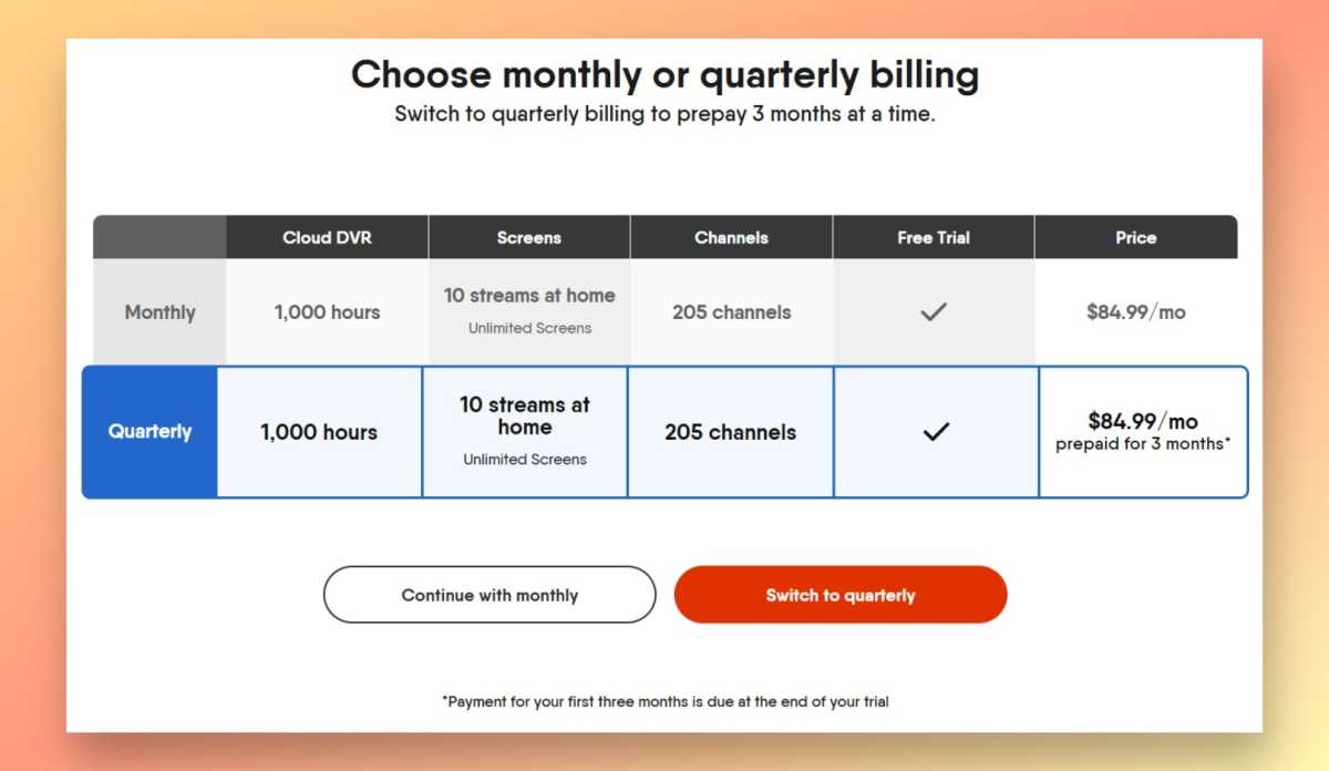 FuboTV quarterly billing upsell