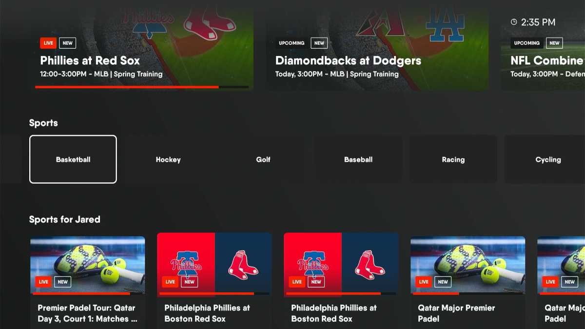 FuboTV Sports menu