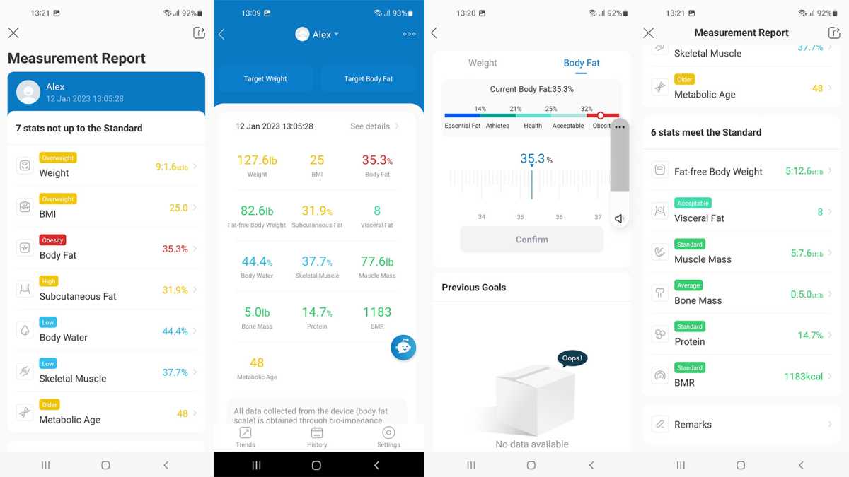 Screen grabs from the Renpho app, showing body measurements