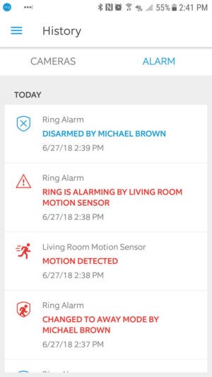 Ring Alarm event history