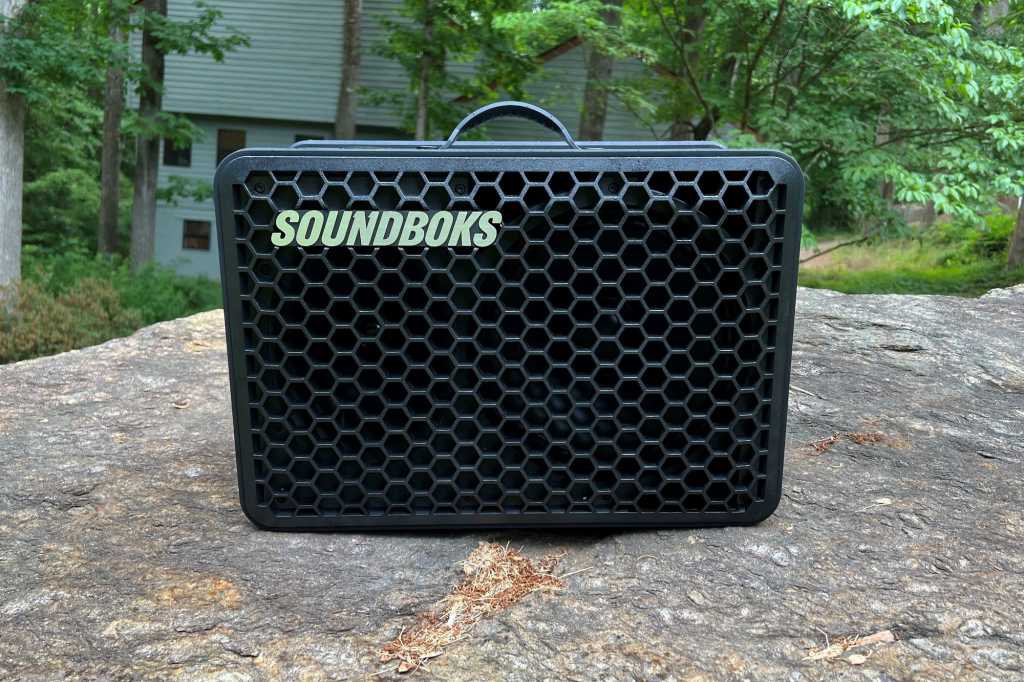 Soundboks Go outdoor speaker on a rock