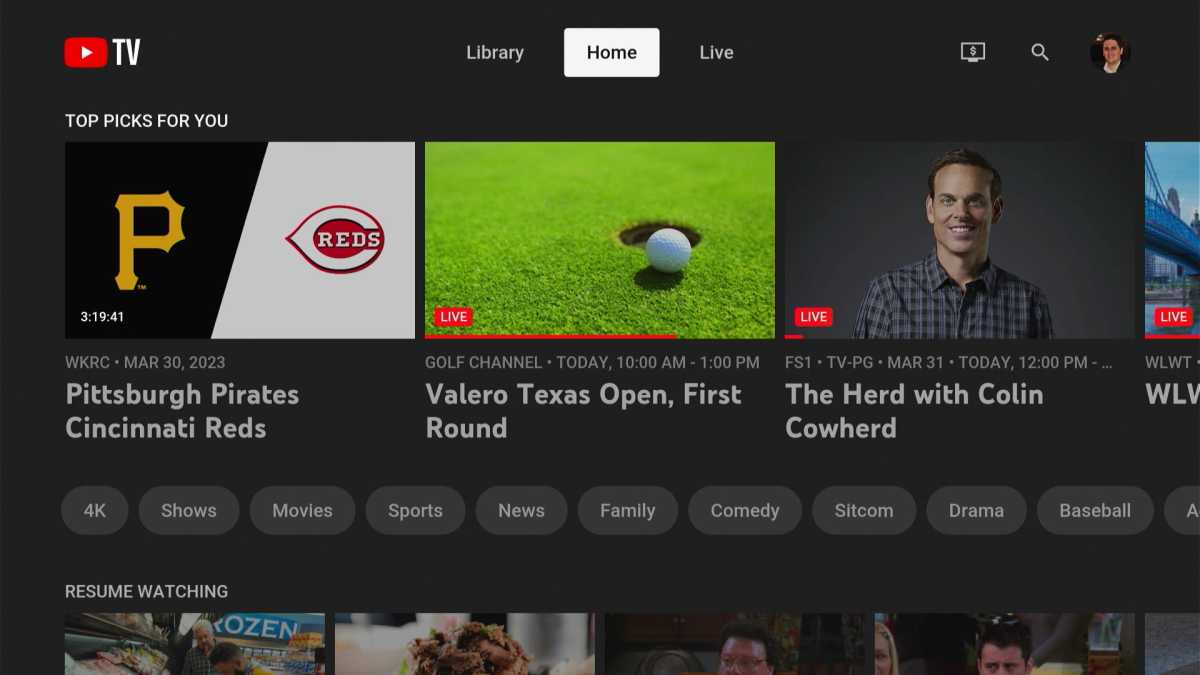 YouTube TV's home screen